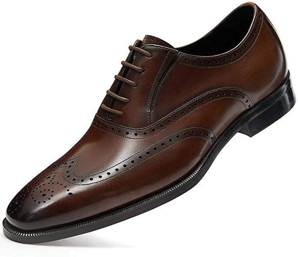 Men’s Dress Shoes with Genuine Leather in Classic Brogue Elastic Band Oxford Formal Shoes for Men