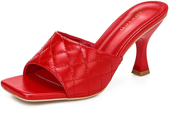 Women's Heels Mules Slip On Square Open Toe Sandals Dress Backless Stiletto High Heel Slippers Slides