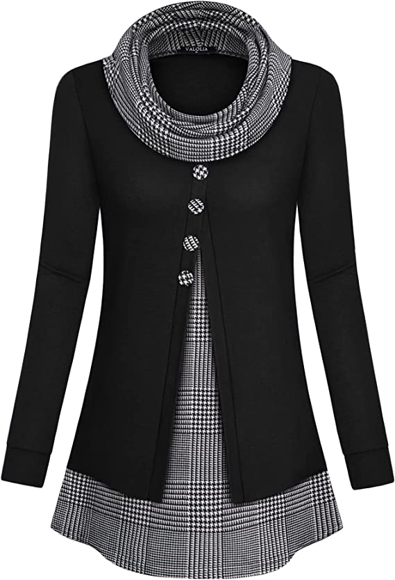 Womens Cowl Neck Long Sleeve Tunic Tops Button Casual Loose Shirts