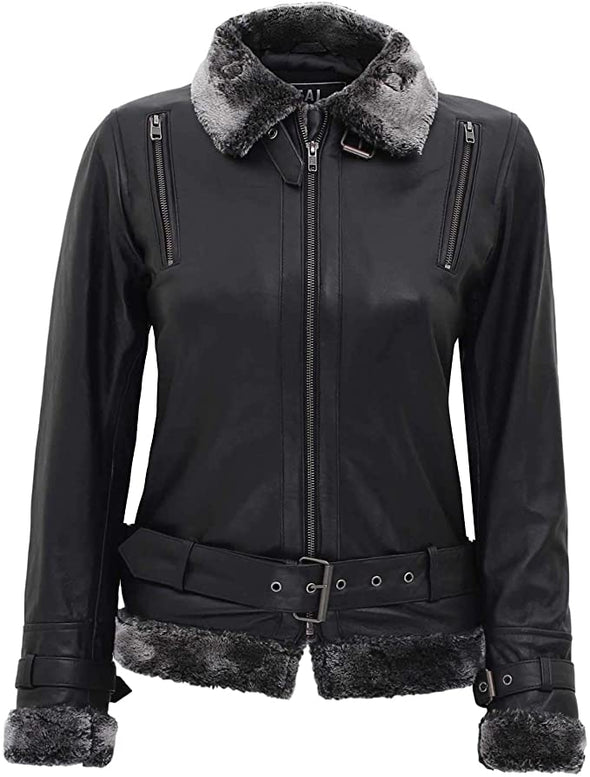 Womens Shearling Bomber Jacket - 100% Real Leather Winter Jackets for Women