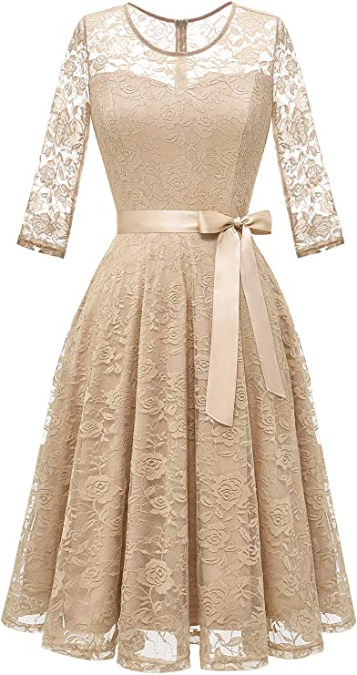Women's Floral Lace Dress Short Bridesmaid Dresses with Sheer Neckline