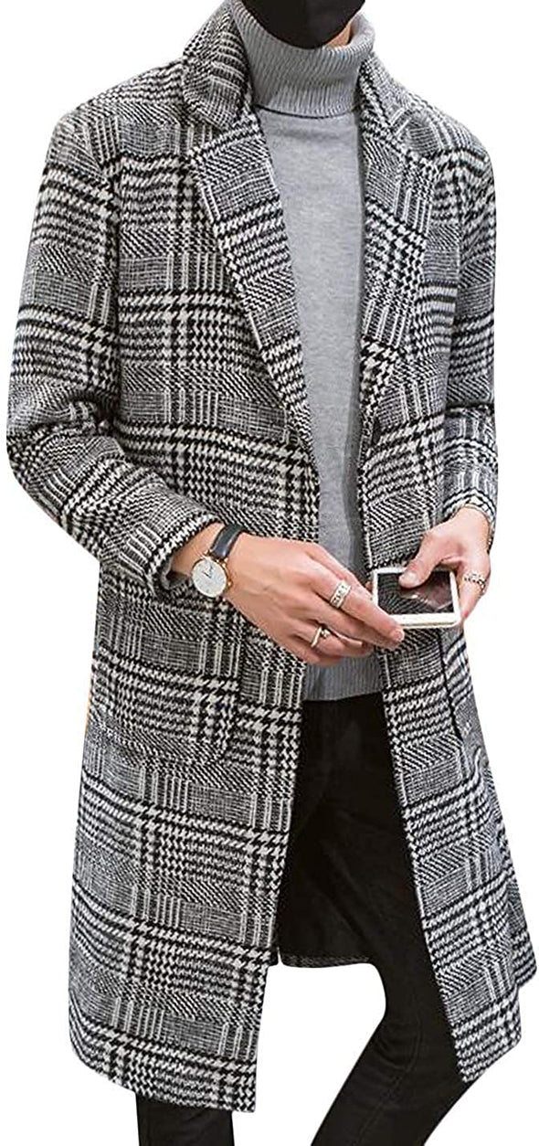 Men's Casual Notch Lapel Single Breasted Plaid Mid Long Trench Pea Coat
