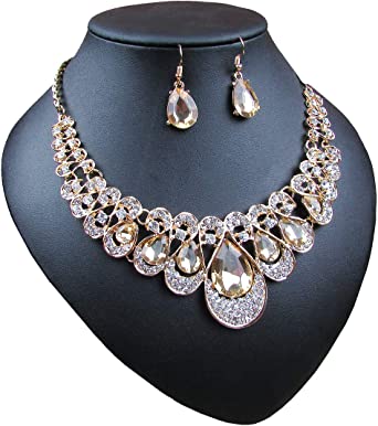 Crystal Glass Water Droplets Large Stones Necklace and Stud Earrings Set for Women
