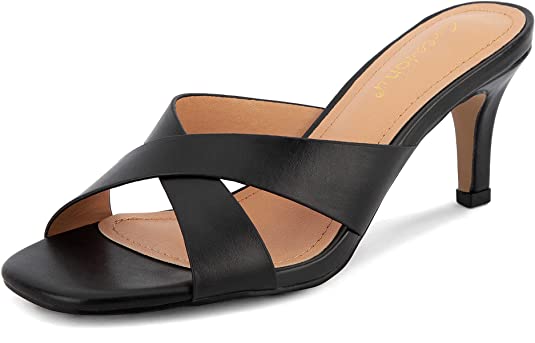 Women's Cross Strap Slip On Square Toe Kitten Heeled Sandals