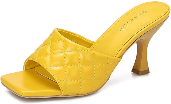 Women's Heels Mules Slip On Square Open Toe Sandals Dress Backless Stiletto High Heel Slippers Slides