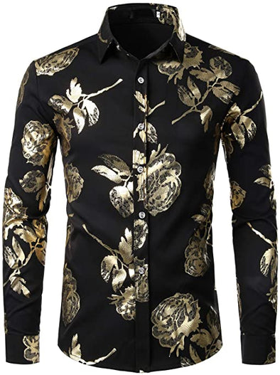 Men's Geek Rose Gold Shiny Flowered Printed Stylish Slim Fit Long Sleeve Button Down Shirt