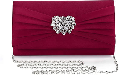 Evening Bags For Women Pleated Satin Rhinestone Brooch Prom Clutch Purse With Detachable Chain Strap