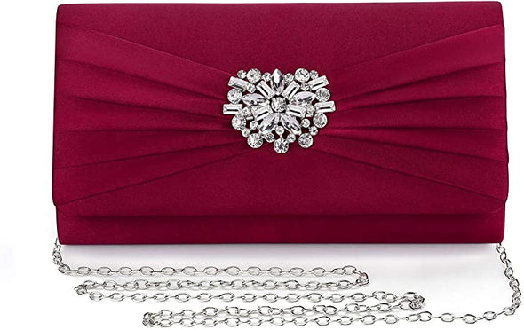 Evening Bags For Women Pleated Satin Rhinestone Brooch Prom Clutch Purse With Detachable Chain Strap