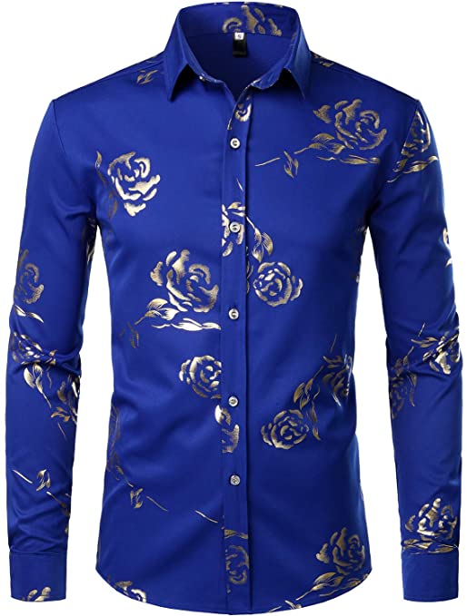 Mens Hipster Gold Rose Printed Slim Fit Long Sleeve Dress Shirts/Prom Performing Shirts
