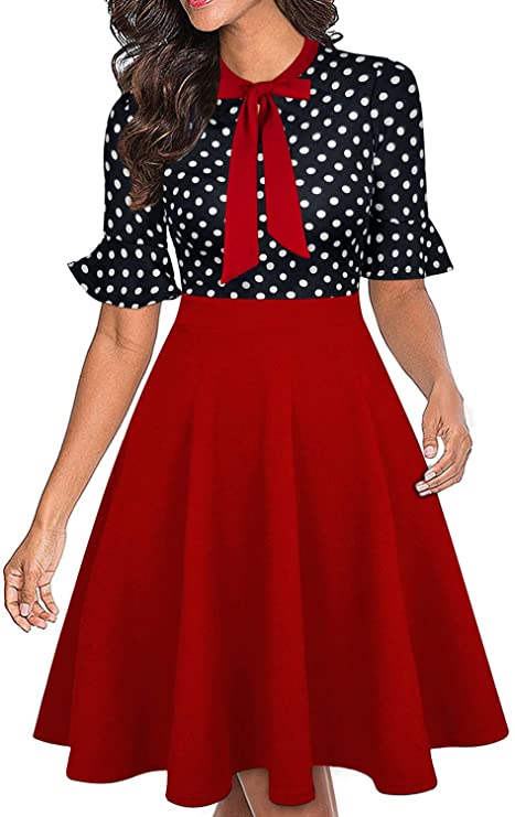 Women's Vintage Half Sleeve O-Neck Contrast Casual Pockets Party Swing Dress