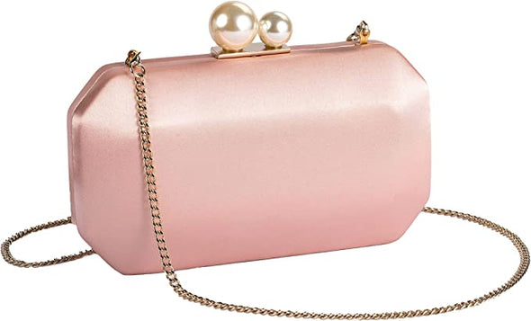 Women Satin Clutch Purse Handbags/Crossbody Hardcase Evening Bag with Pearls Closure for Party