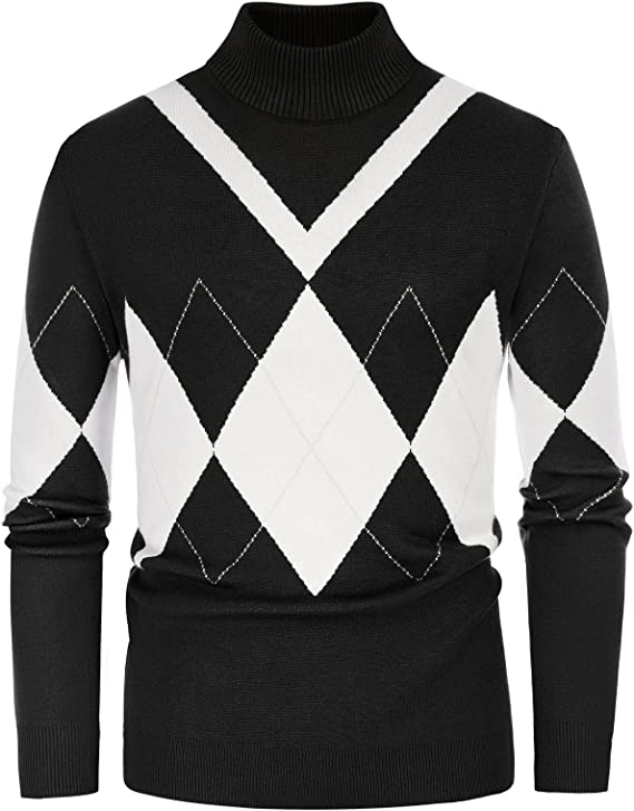 Men Pullover Sweater High Neck Ribbed Knitted Color Block Long Sleeve Sweaters