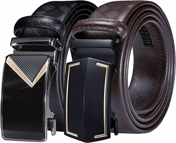 Men's Belt Gift Set 2 Pack,Ratchet Buckle Adjustable Genuine Leather Designer for Business Dress Waist Belt 130CM