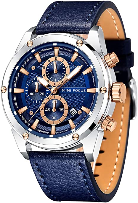 MF MINI FOCUS Men's Stainless Steel Quartz Watch Casual Fashion Chronograph Waterproof Leather Band