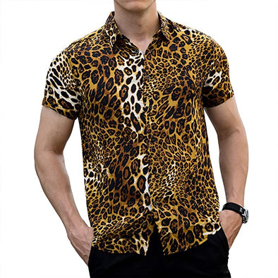 Men Shirt Leopard Snakeskin Print Button Down Short Sleeve Casual Shirt