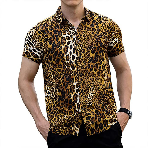 Men Shirt Leopard Snakeskin Print Button Down Short Sleeve Casual Shirt