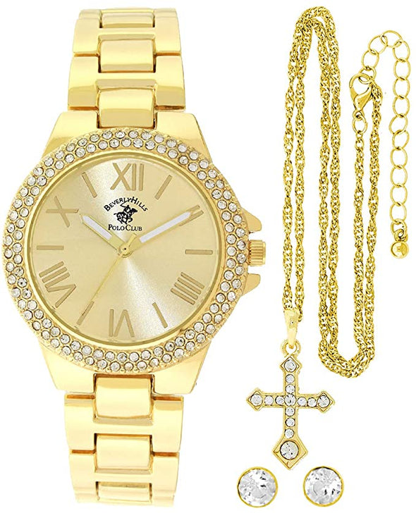 Beverley Hills Polo Club Women's Quartz Gold Watch Set - Matching Cross Necklace- Casual Business Watch