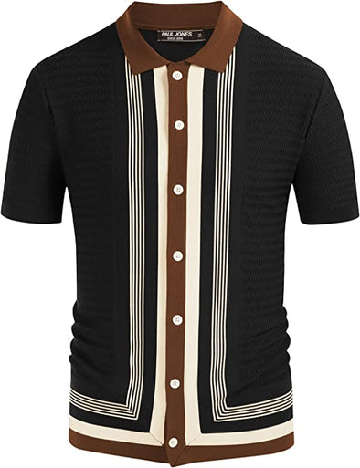 Men's Vintage Stripe Knit Polo Shirts Short Sleeve Stylish Button Down Cardigan Sweater