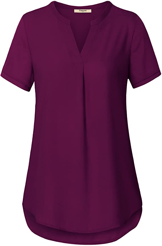 Women's V Neck Short Sleeve Curved Hem Sheer Chiffon Blouse Shirts Tops