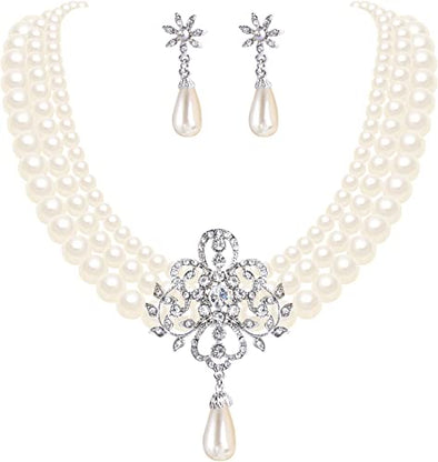 Women's Silver-Tone Ivory Simulated Pearls Crystal Victorian Style Statement Necklace Earrings Bridal Wedding Sets