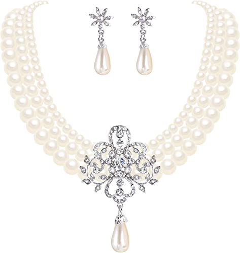 Women's Silver-Tone Ivory Simulated Pearls Crystal Victorian Style Statement Necklace Earrings Bridal Wedding Sets