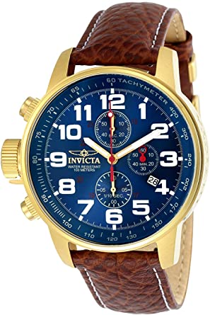 Invicta Men's I-Force Gold Tone Stainless Steel Quartz Watch with Brown Leather Strap, Brown/Blue.