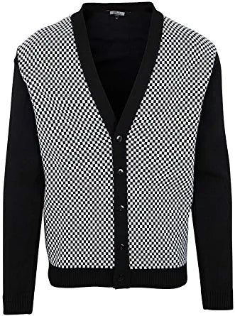 Mens Retro 60s Checkered Button Knit Cardigan Black/White