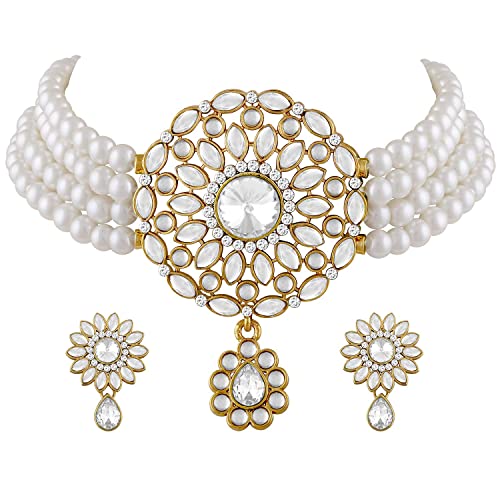 Kundan Pearl Choker Multi Layered Beaded Necklace Earrings Set Indian Traditional Wedding Jewelry for Women Girls