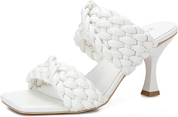 Women's Stiletto Mules Sandals Slip On Square Open Toe Dress Backless Heeled Slippers High Heel Slides