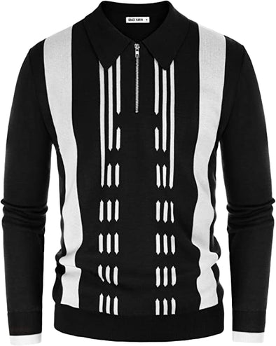 Men Casual Pullover Sweater Quarter Zip Striped Contrast Polo Knit Sweater