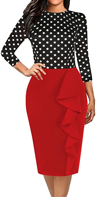 Women's Vintage Polka Dot Floral Patchwork Stretchy Work Casual Bodycon Sheath Pencil Dress