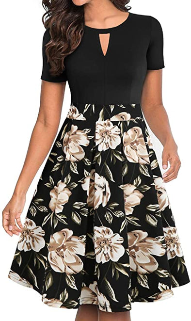 Women's Vintage Floral Flared A-Line Swing Casual Party Dresses with Pockets