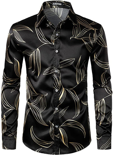 Men's Hipster Printed Silk Like Satin Button Up Dress Shirt for Party Prom