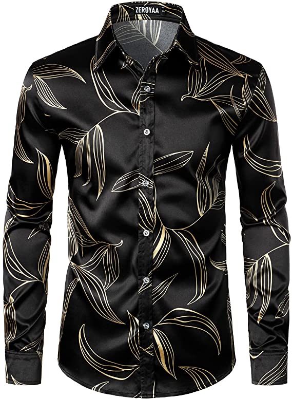 Men's Hipster Printed Silk Like Satin Button Up Dress Shirt for Party Prom
