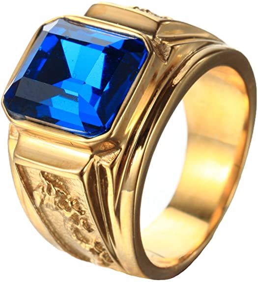 Men's Stainless Steel Black Agate Stone 18K Gold Promise Ring Wedding Band