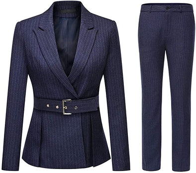 Women's 2 Piece Office Lady Stripes Business Suit Set Slim Fit Blazer Jacket Pant