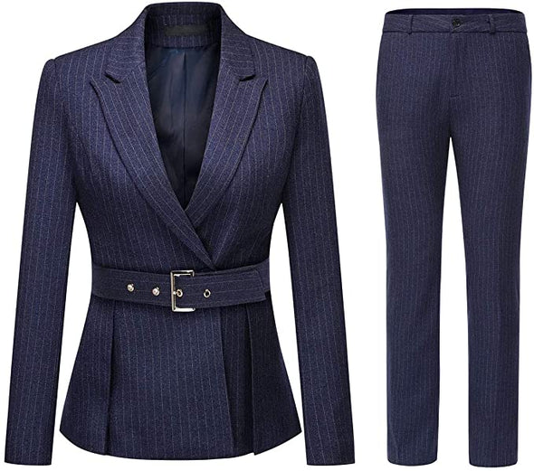 Women's 2 Piece Office Lady Stripes Business Suit Set Slim Fit Blazer Jacket Pant