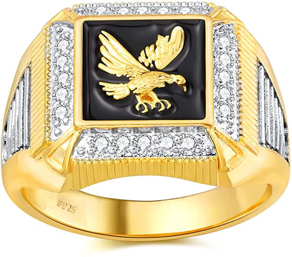 Men's 14K Gold Eagle Band Ring Cubic Zirconia American Eagle Ring