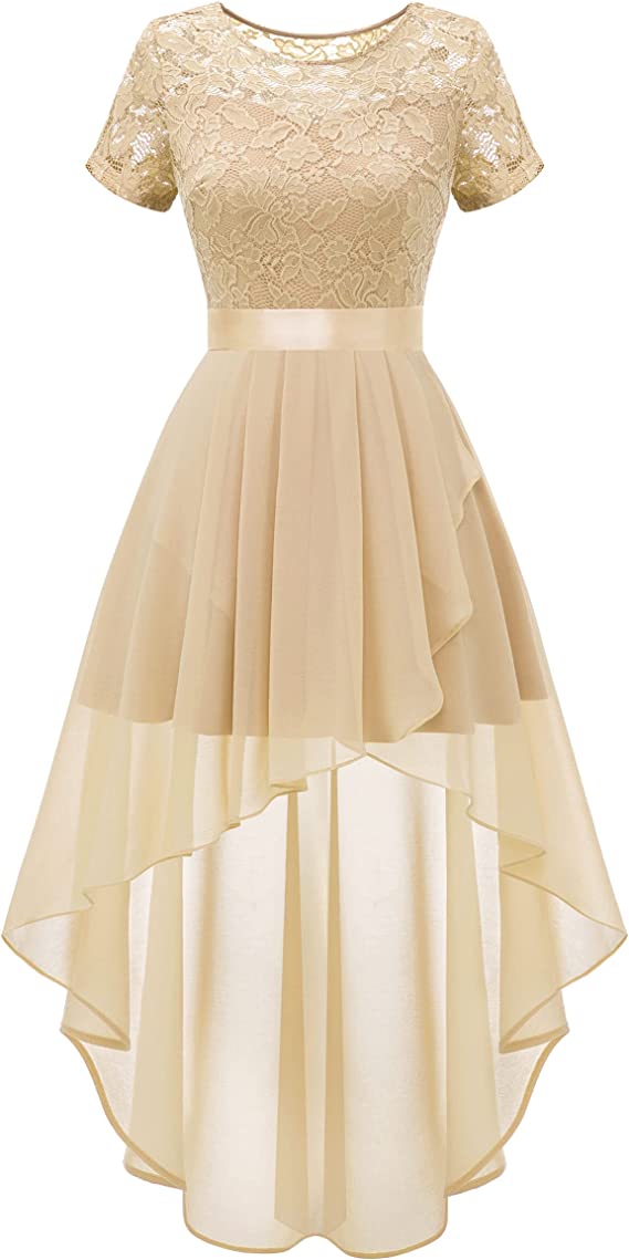 Women's Floral Lace Chiffon Bridesmaid Dress Hi-Lo Swing Party Dress