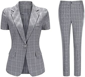 Women's 2 Piece Plaid Suit Set Short Sleeve 1 Button Blazer and Business Suit Pants