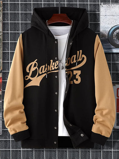 Jackets for Men Men Letter Graphic Two Tone Drawstring Hooded Jacket Without Tee Jackets for Men (Color : Black, Size : Large)