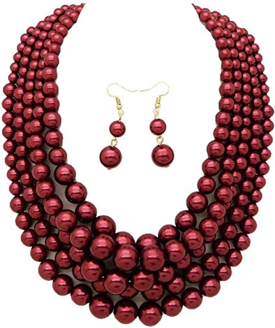 Women's Simulated Faux Pearl Five Multi-Strand Statement Necklace and Earrings Set