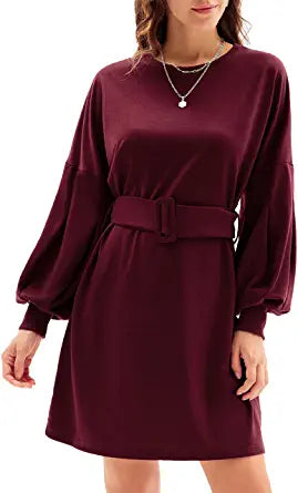 Women's Elegant Swing Dress Lantern Sleeves A-Line Midi Dresses Belt