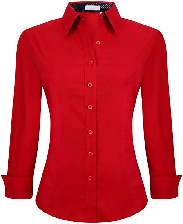 Womens Button Down Shirt Cotton Stretch, Regular Fit Long Sleeve Dress Shirts for Women