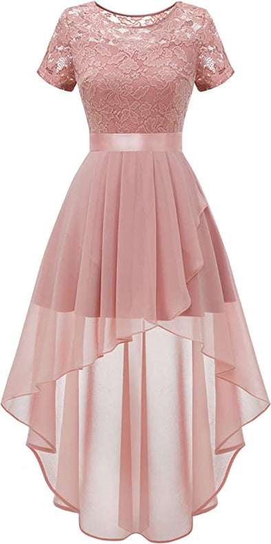 Women's Floral Lace Chiffon Bridesmaid Dress Hi-Lo Swing Party Dress