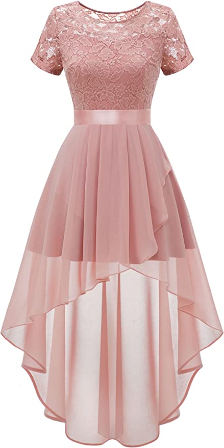 Women's Floral Lace Chiffon Bridesmaid Dress Hi-Lo Swing Party Dress