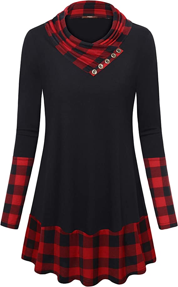 Women's Long Sleeve Button Cowl Neck Floral Printed Casual Tunic Tops