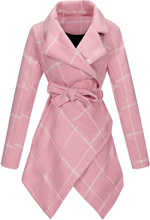 Women's Turn Down Collar Grid Coat Belted Wool Blend Coat Asymmetric Hem Wrap Coat