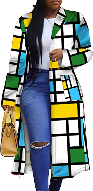 Women's Colored Geo Turn Down Collar Trench Coat Colorful Outerwear Cardigan Long Blazer Jacket