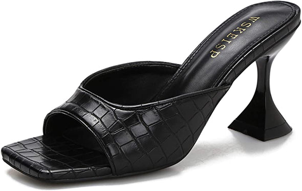 Women's Square Toe Heels Sandals Mules Open Toe Slip On Backless Wedding Fashion Dress High Heel Slides Slippers